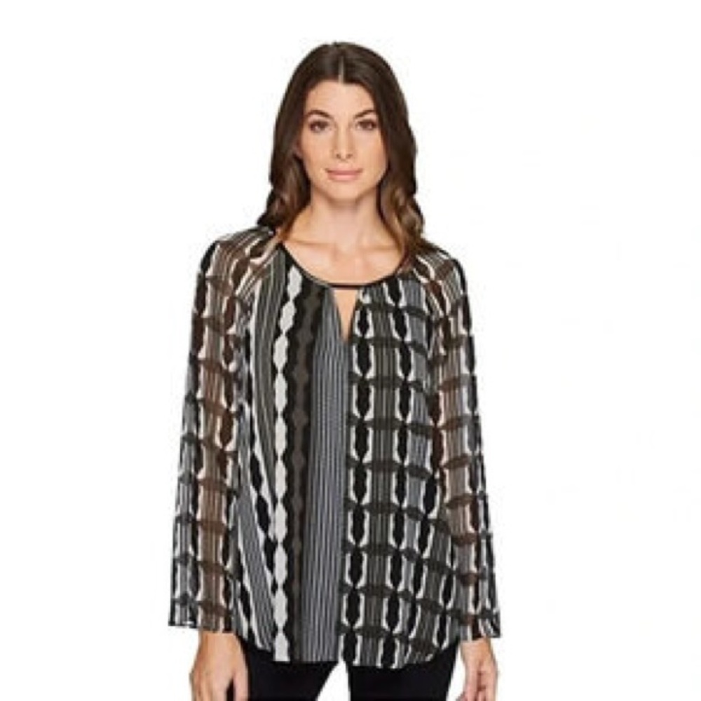 NIC+ZOE Black and White Geometric Patterned Long Sleeve Blouse Women’s Medium